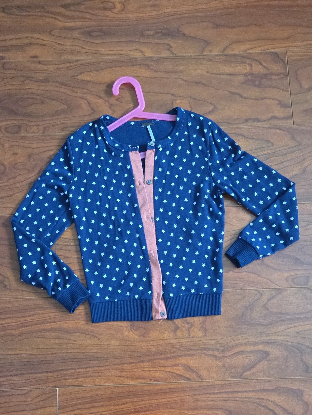 Girls Navy Star Print Cardigan with Pink Trim